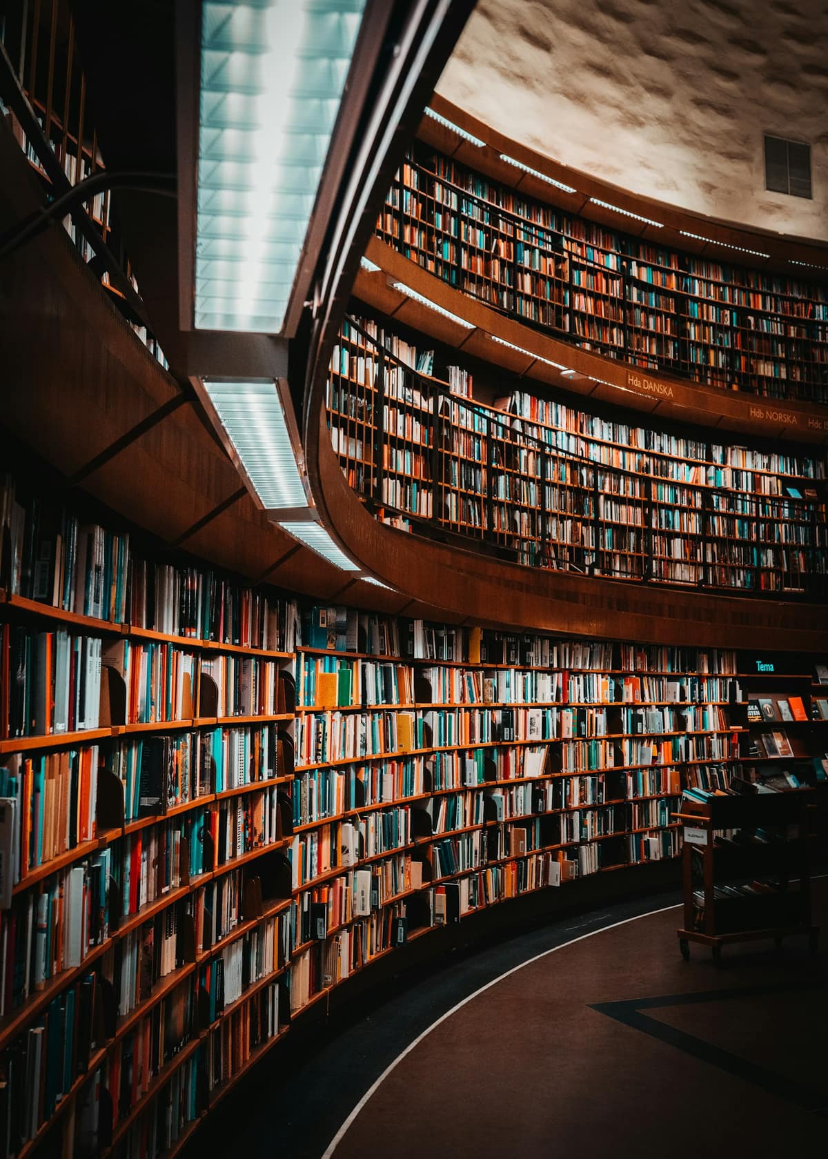 A grand circular library filled with books